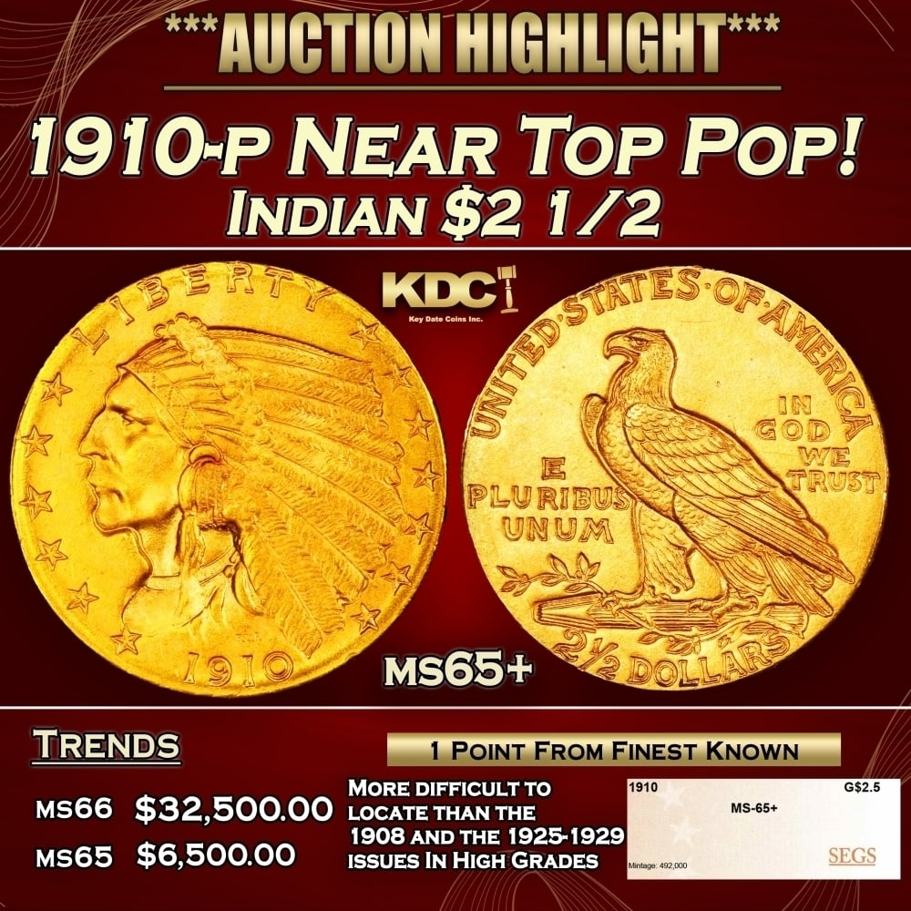 1910-p Gold Indian Quarter Eagle Near Top Pop! $2 1/2 ms65+ SEGS: 1910-p Near Top Pop! Gold Indian Quarter Eagle $2 1/2 ms65+ SEGS. The 1910 Indian quarter eagle claims a nominal mintage of 492,000 pieces, and the issue is a medium rarity in the series in high grade