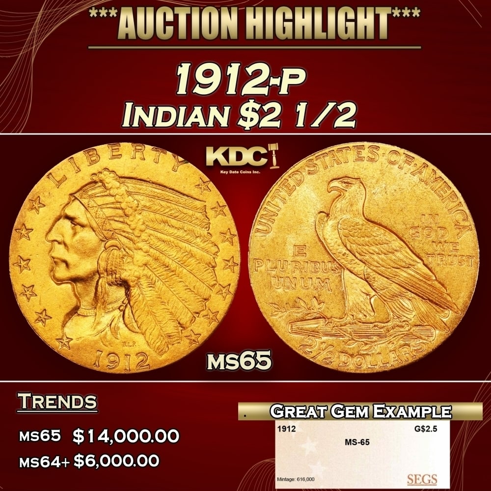 1912-p Gold Indian Quarter Eagle $2 1/2 ms65 SEGS: 1912-p Gold Indian Quarter Eagle $2 1/2 ms65 SEGS. Historic precious metal trends is causing increased spot pricing by the day. On auctions with set openings, we are doing our best to have items price