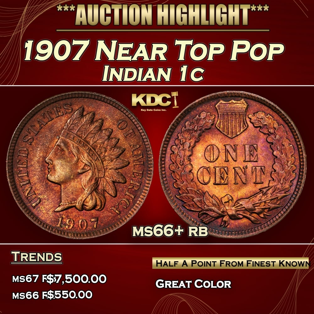1907 Indian Cent Near Top Pop 1c ms66+ rb SEGS: 1907 Near Top Pop Indian Cent 1c ms66+ rb SEGS. 0