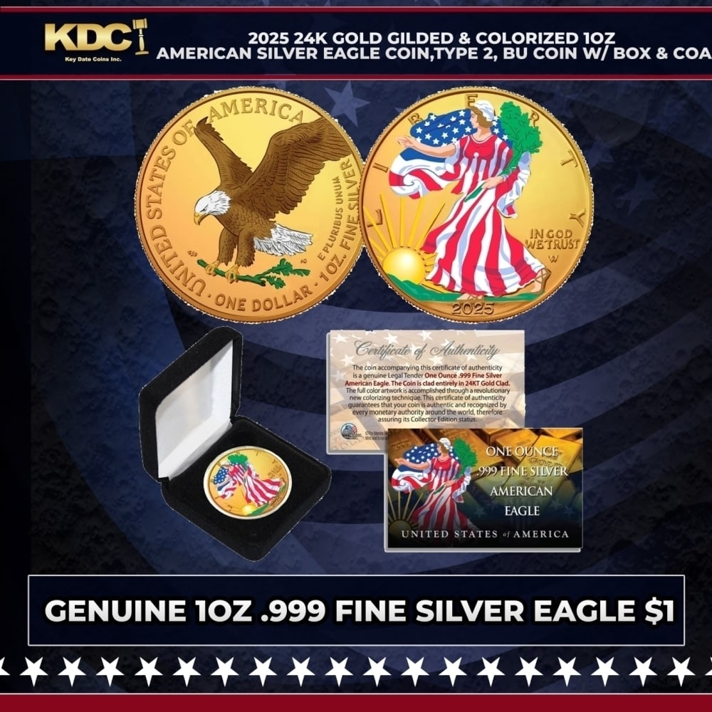 2025 24k Gold Gilded & Colorized 1oz American Silver Eagle Coin, Type 2, BU Coin w/ Box & COA Other: 2025 24k Gold Gilded & Colorized 1oz American Silver Eagle Coin, Type 2, BU Coin w/ Box & COA. This stunning 2025 1 oz Silver American Eagle has been gilded with 24K Gold and features a vibrant colori