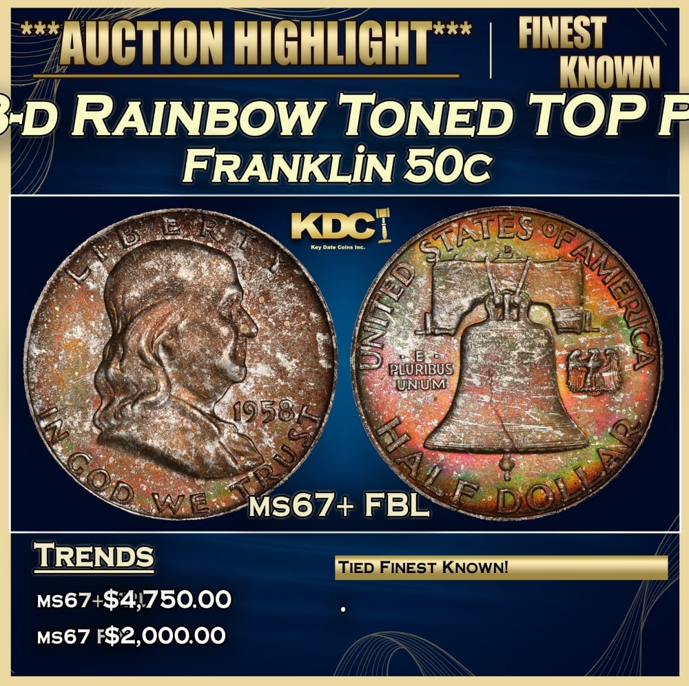 1958-d Franklin Half Dollar Rainbow Toned TOP POP! 50c ms67+ FBL SEGS: 1958-d Rainbow Toned TOP POP! Franklin Half Dollar 50c ms67+ FBL SEGS. 0