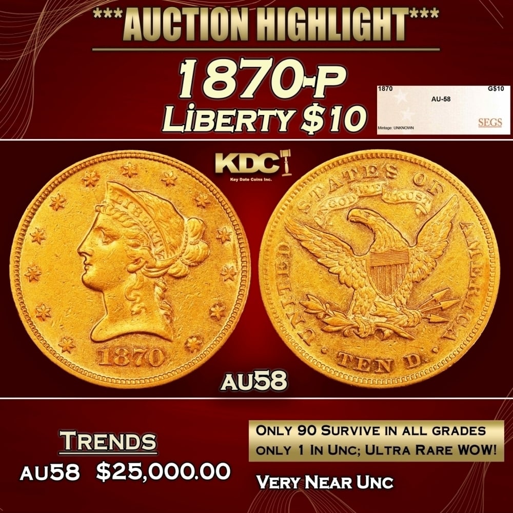 1870-p Gold Liberty Eagle $10 au58 SEGS: 1870-p Gold Liberty Eagle $10 au58 SEGS. 0