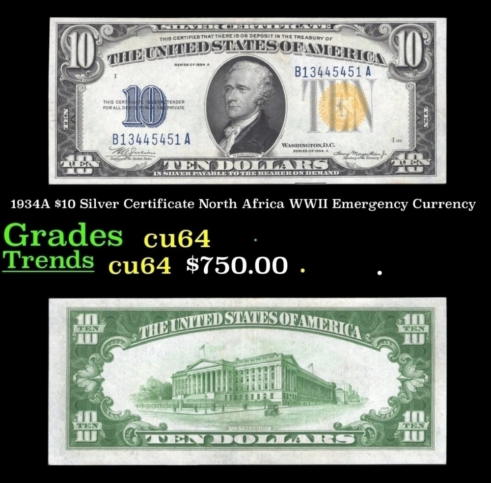 1934A $10 Silver Certificate North Africa WWII Emergency Currency Grades Choice CU (1 of 3)