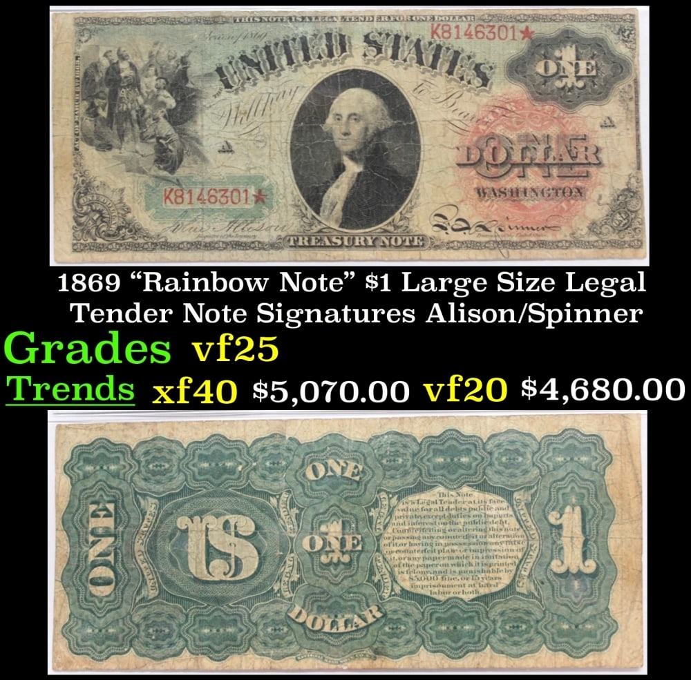 1869 Alison/Spinner $1 Large Size Legal Tender Note Grades vf+ (1 of 3)