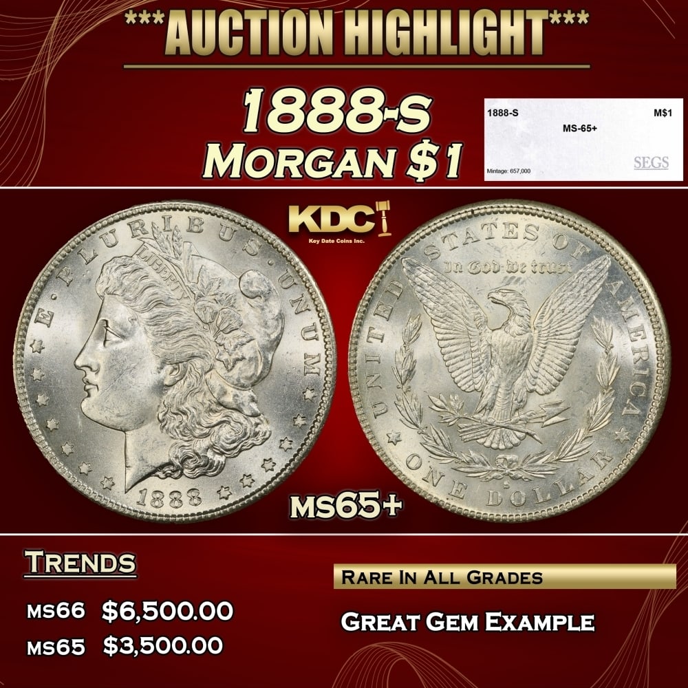 1888-s Morgan Dollar $1 ms65+ SEGS: 1888-s Morgan Dollar $1 ms65+ SEGS. 0