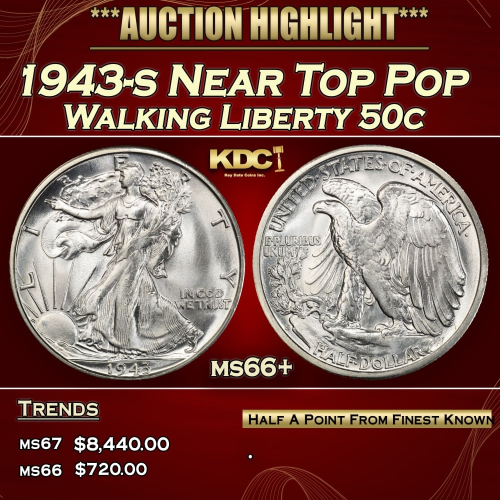 1943-s Walking Liberty Half Dollar Near Top Pop 50c ms66+ SEGS: 1943-s Near Top Pop Walking Liberty Half Dollar 50c ms66+ SEGS.