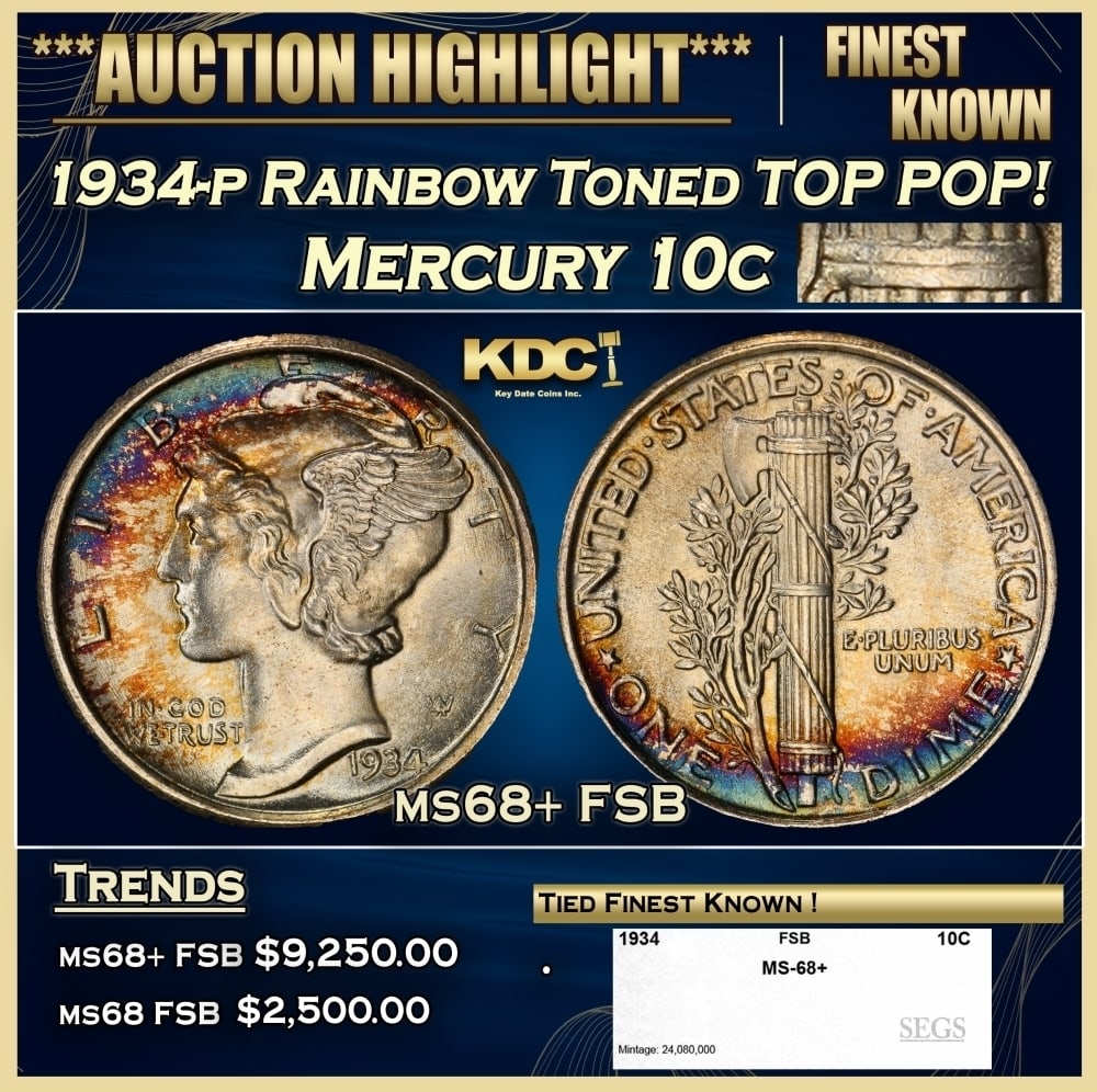 1934-p Mercury Dime Rainbow Toned TOP POP! 10c ms68+ FSB SEGS: 1934-p Rainbow Toned TOP POP! Mercury Dime 10c ms68+ FSB SEGS. 0
