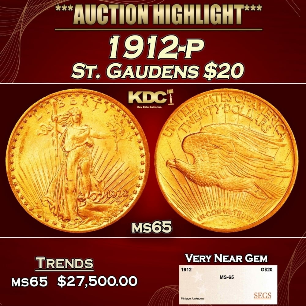 1912-p Gold St. Gaudens Double Eagle $20 ms65 SEGS: 1912-p Gold St. Gaudens Double Eagle $20 ms65 SEGS. 0