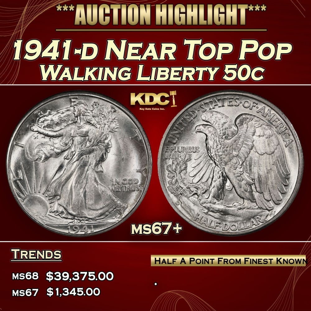 1941-d Walking Liberty Half Dollar Near Top Pop 50c ms67+ SEGS: 1941-d Near Top Pop Walking Liberty Half Dollar 50c ms67+ SEGS.