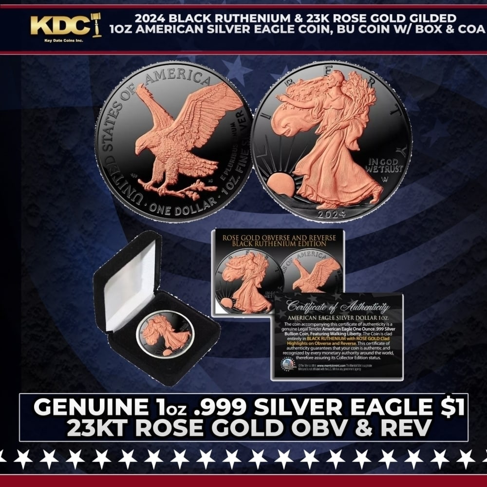2024 Black Ruthenium & 23K Rose Gold Gilded 1oz American Silver Eagle Coin, BU Coin w/ Box & COA: 2024 Black Ruthenium & 23K Rose Gold Gilded 1oz American Silver Eagle Coin, BU Coin w/ Box & COA. Seize this opportunity to acquire the BLACK RUTHENIUM EDITION 2024 American Silver Eagle Dollar U.S. C