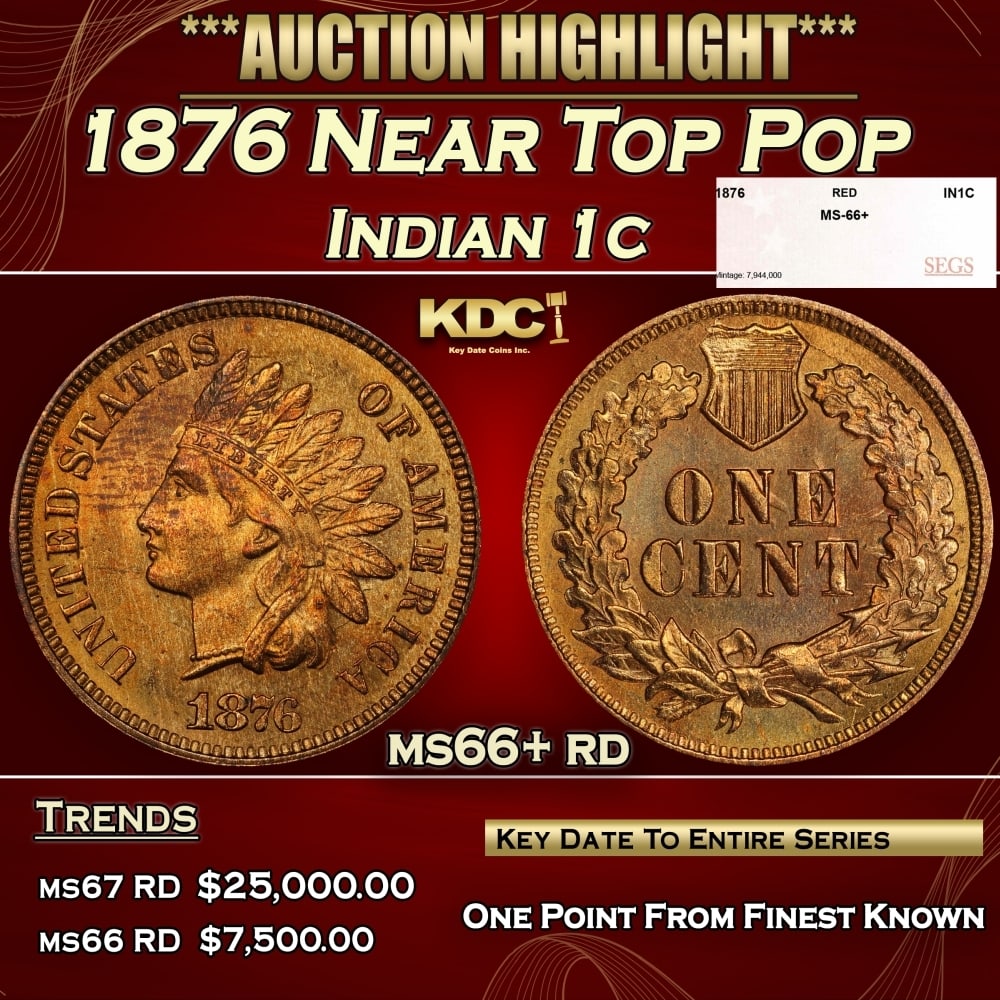 1876 Indian Cent Near Top Pop 1c ms66+ rd SEGS: 1876 Near Top Pop Indian Cent 1c ms66+ rd SEGS. very scarce date. PCGS estimates that only 5000 survive in all grades 0