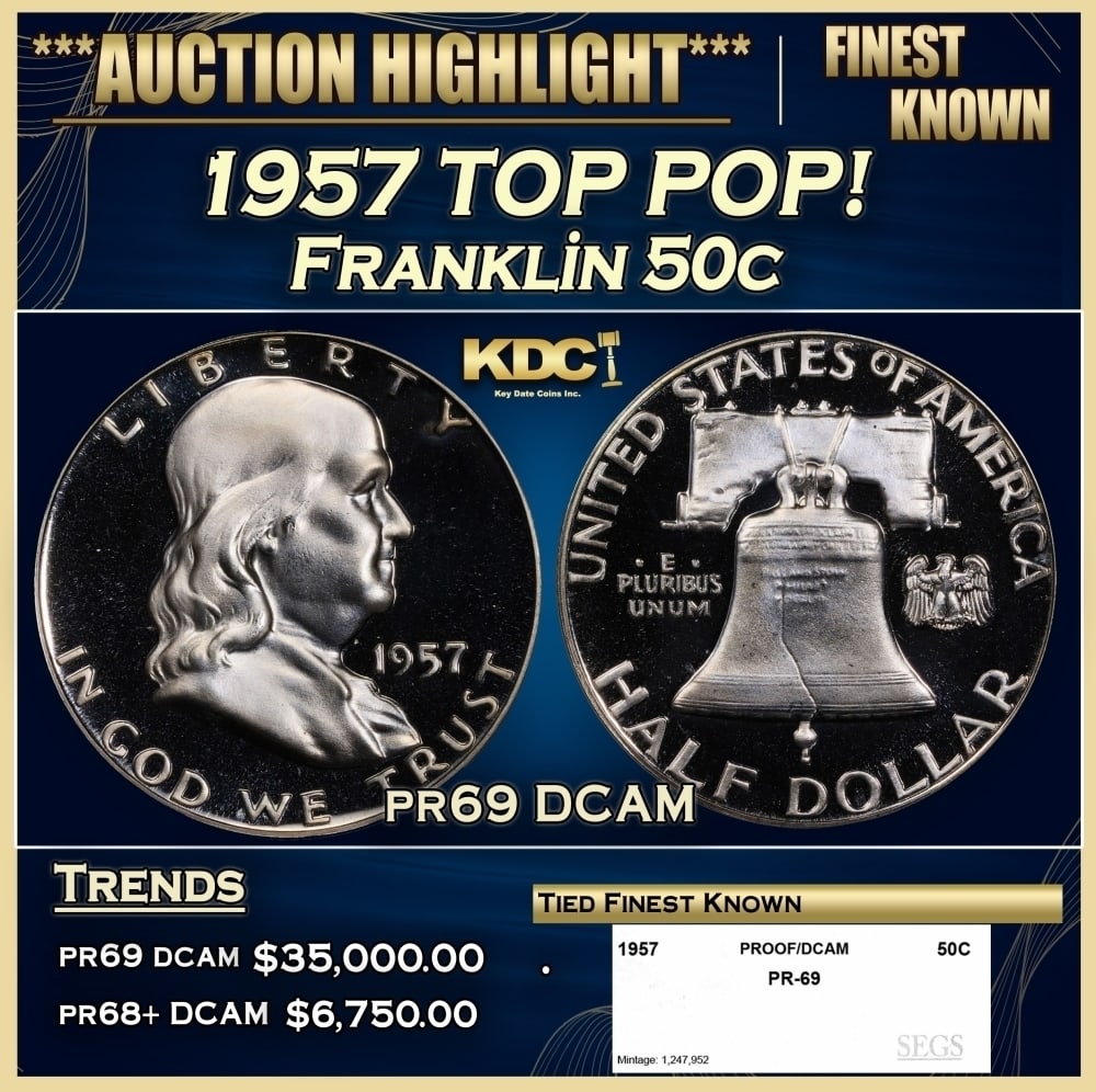 1957 Proof Franklin Half Dollar TOP POP! 50c pr69 DCAM SEGS: 1957 TOP POP! Franklin Half Dollar 50c pr69 DCAM SEGS. Historic precious metal trends is causing increased spot pricing by the day. On auctions with set openings, we are doing our best to have items p