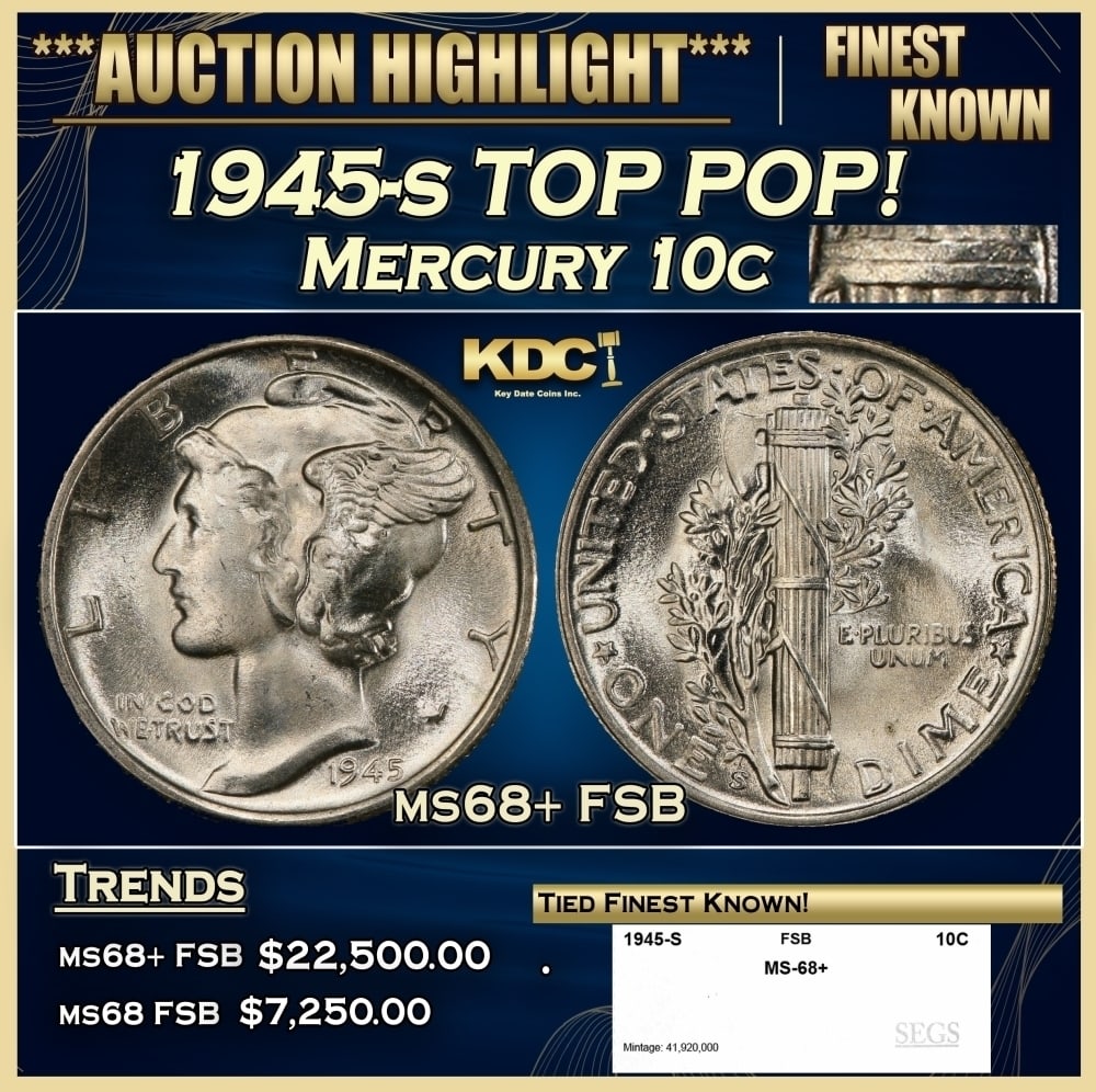 1945-s Mercury Dime TOP POP! 10c ms68+ FSB SEGS: 1945-s TOP POP! Mercury Dime 10c ms68+ FSB SEGS. 0