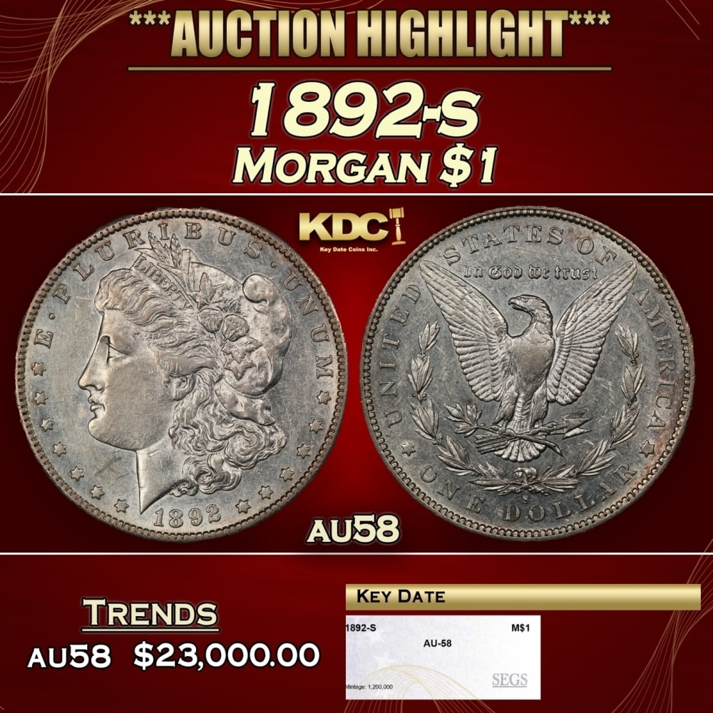 1892-s Morgan Dollar $1 au58 SEGS: 1892-s Morgan Dollar $1 au58 SEGS. 0