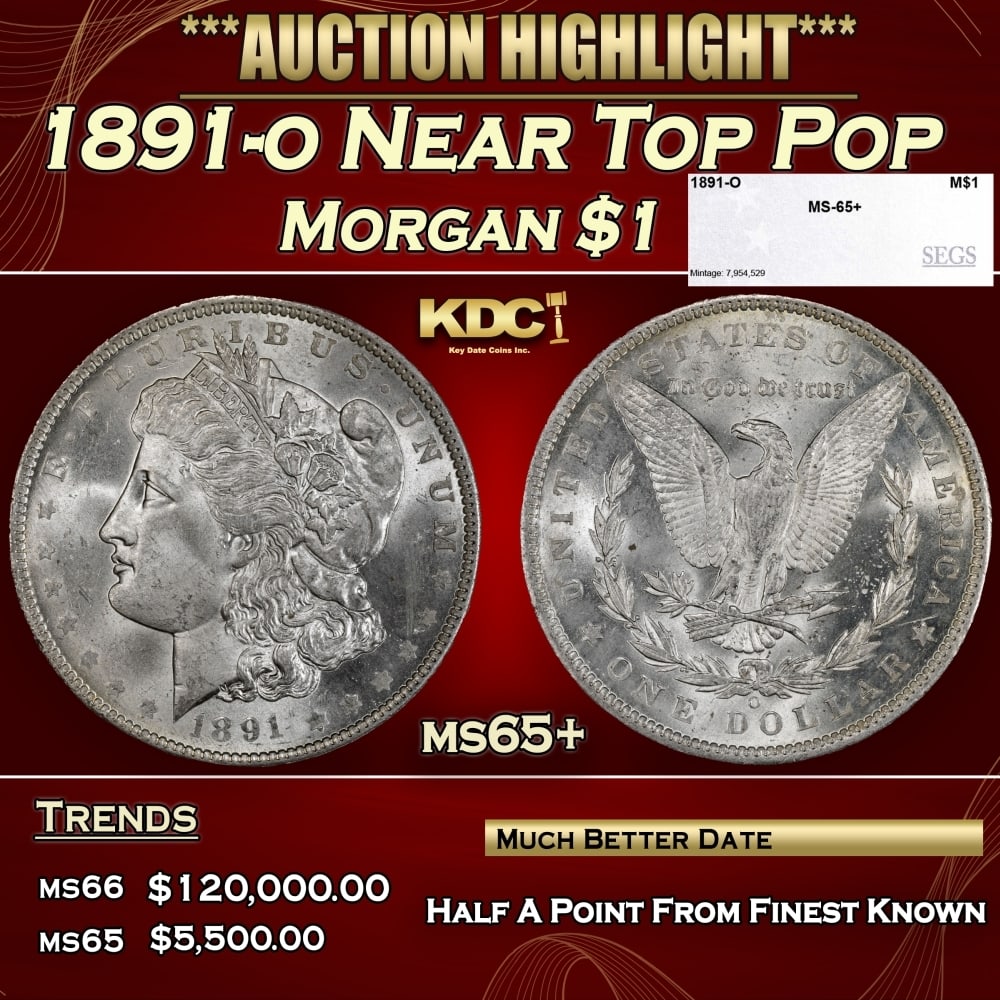1891-o Morgan Dollar Near Top Pop $1 ms65+ SEGS: 1891-o Near Top Pop Morgan Dollar $1 ms65+ SEGS. 0