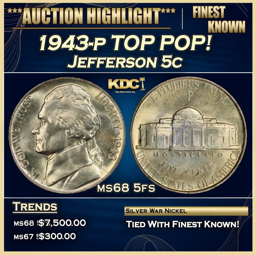 1943-p Jefferson Nickel TOP POP! 5c ms68 5fs SEGS: 1943-p TOP POP! Jefferson Nickel 5c ms68 5fs SEGS. 0