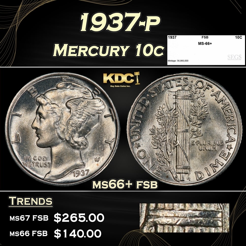 1937-p Mercury Dime 10c ms66+ fsb SEGS: 1937-p Mercury Dime 10c ms66+ fsb SEGS. 0