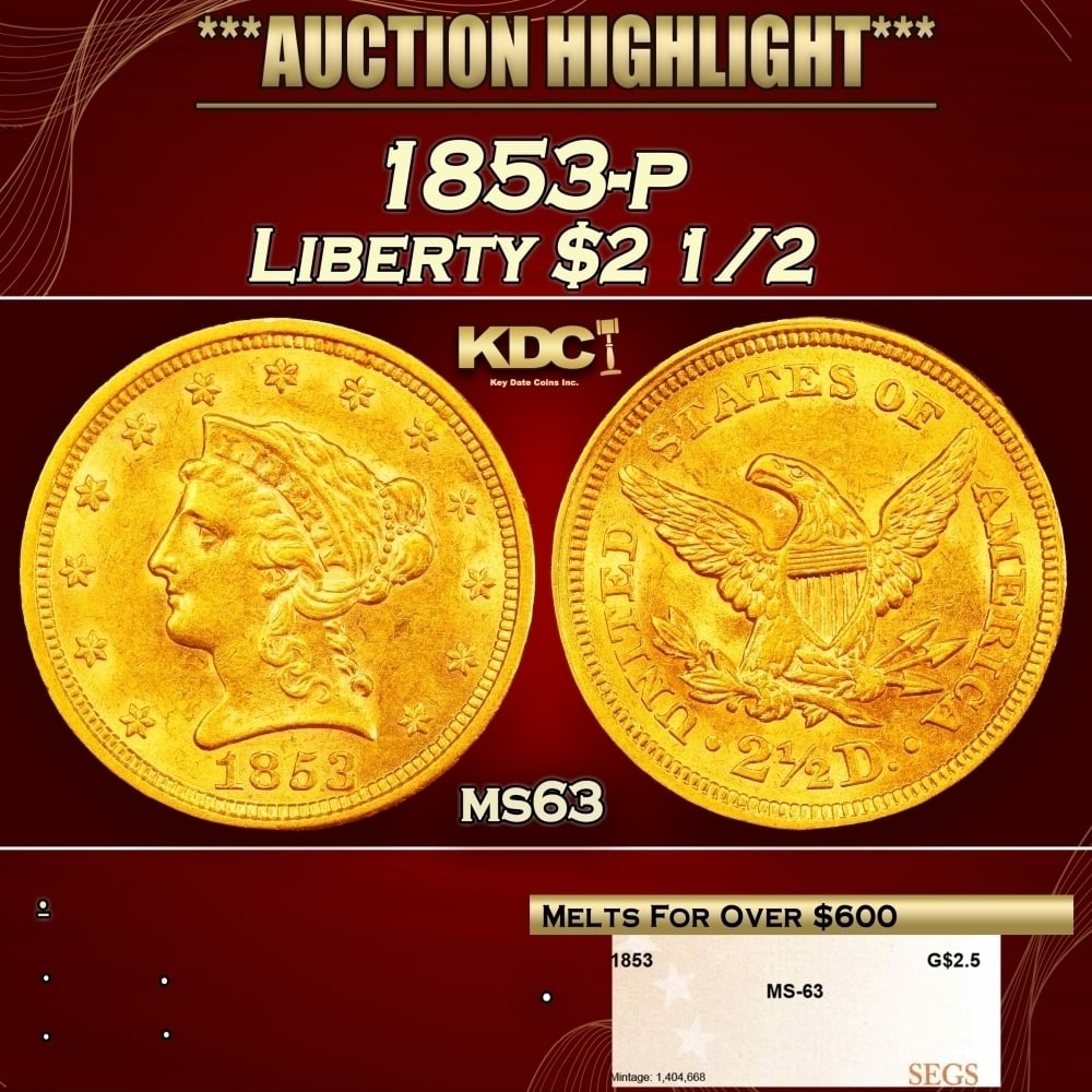 1853-p Gold Liberty Quarter Eagle $2 1/2 ms63 SEGS: 1853-p Gold Liberty Quarter Eagle $2 1/2 ms63 SEGS. 0