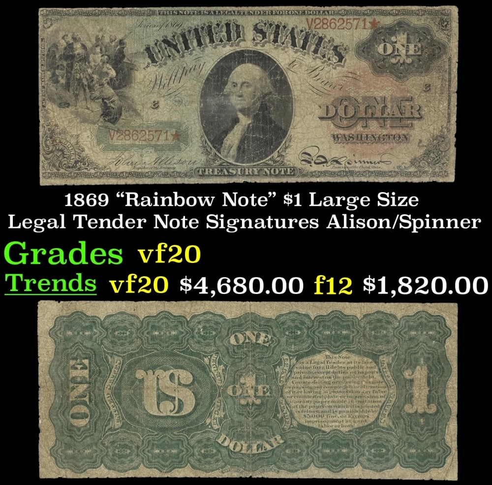 1869 Alison/Spinner $1 Large Size Legal Tender Note Grades vf, very fine: 1869 Alison/Spinner $1 Large Size Legal Tender Note Grades vf, very fine.