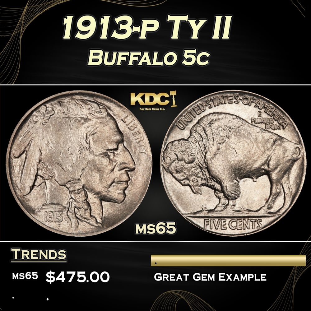 1913-p Ty II Buffalo Nickel 5c Grades ms65 (1 of 3)