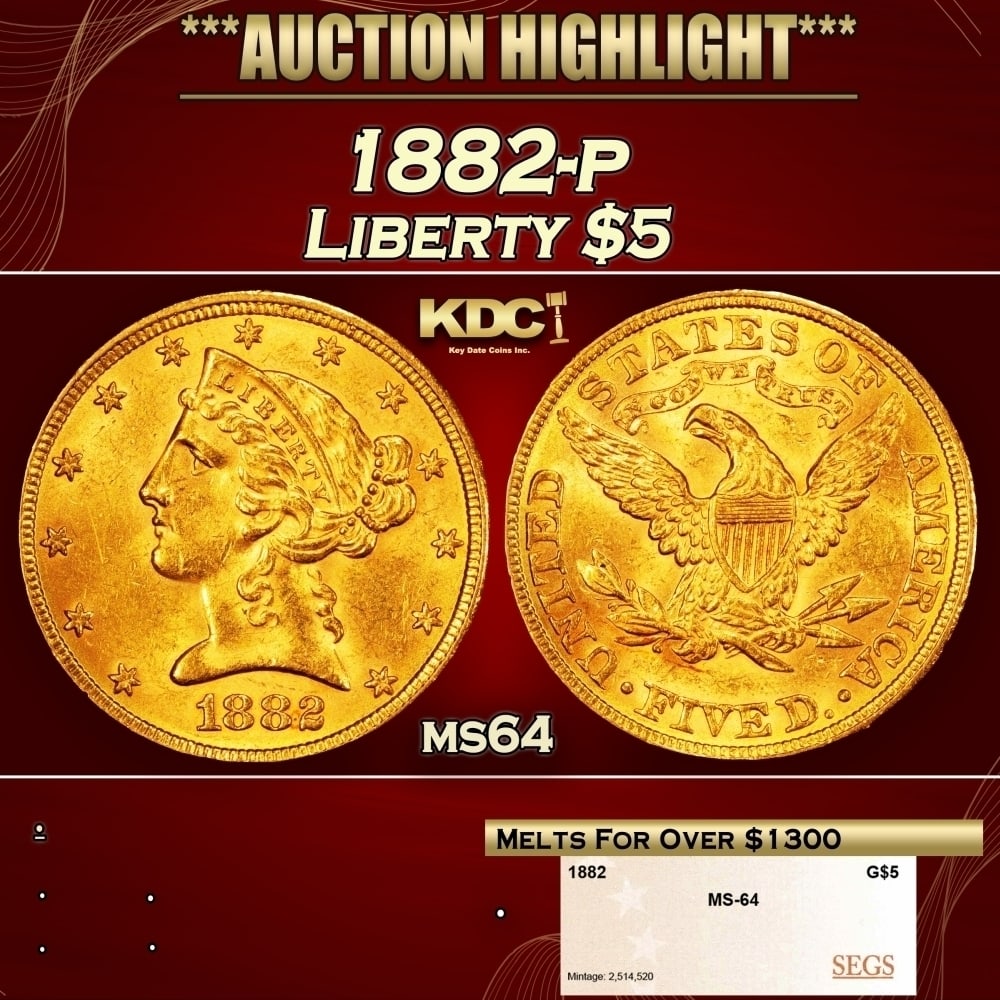 1882-p Gold Liberty Half Eagle $5 ms64 SEGS (1 of 4)