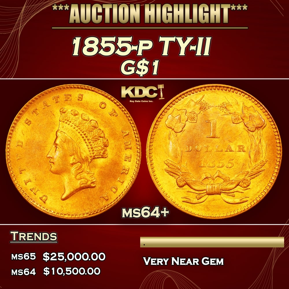 1855-p Gold Dollar TY-II $1 ms64+ SEGS: 1855-p TY-II Gold Dollar $1 ms64+ SEGS. The small 12.7 mm diameter of the Type I gold dollar brought about a few complaints of it being easy to lose, like the silver trime. To address this, Longacre e