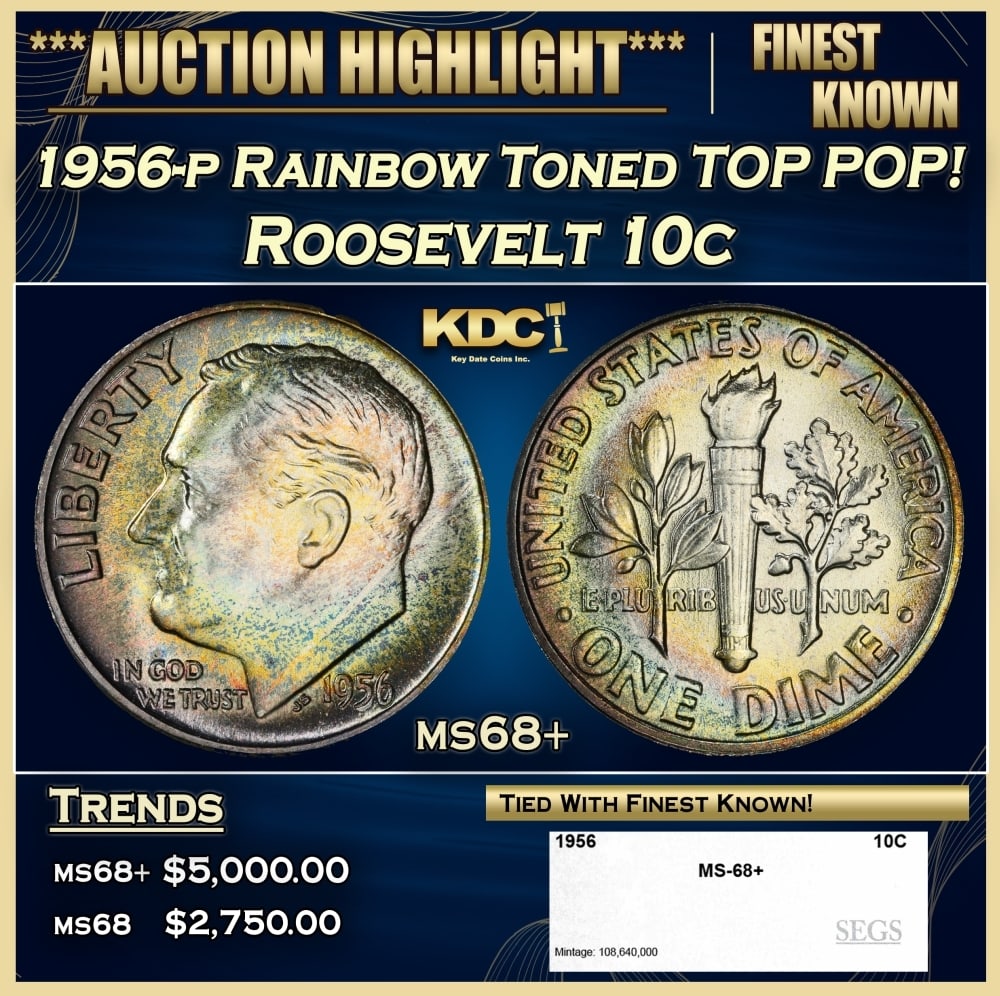 1956-p Roosevelt Dime Rainbow Toned TOP POP! 10c ms68+ SEGS: 1956-p Rainbow Toned TOP POP! Roosevelt Dime 10c ms68+ SEGS. 0