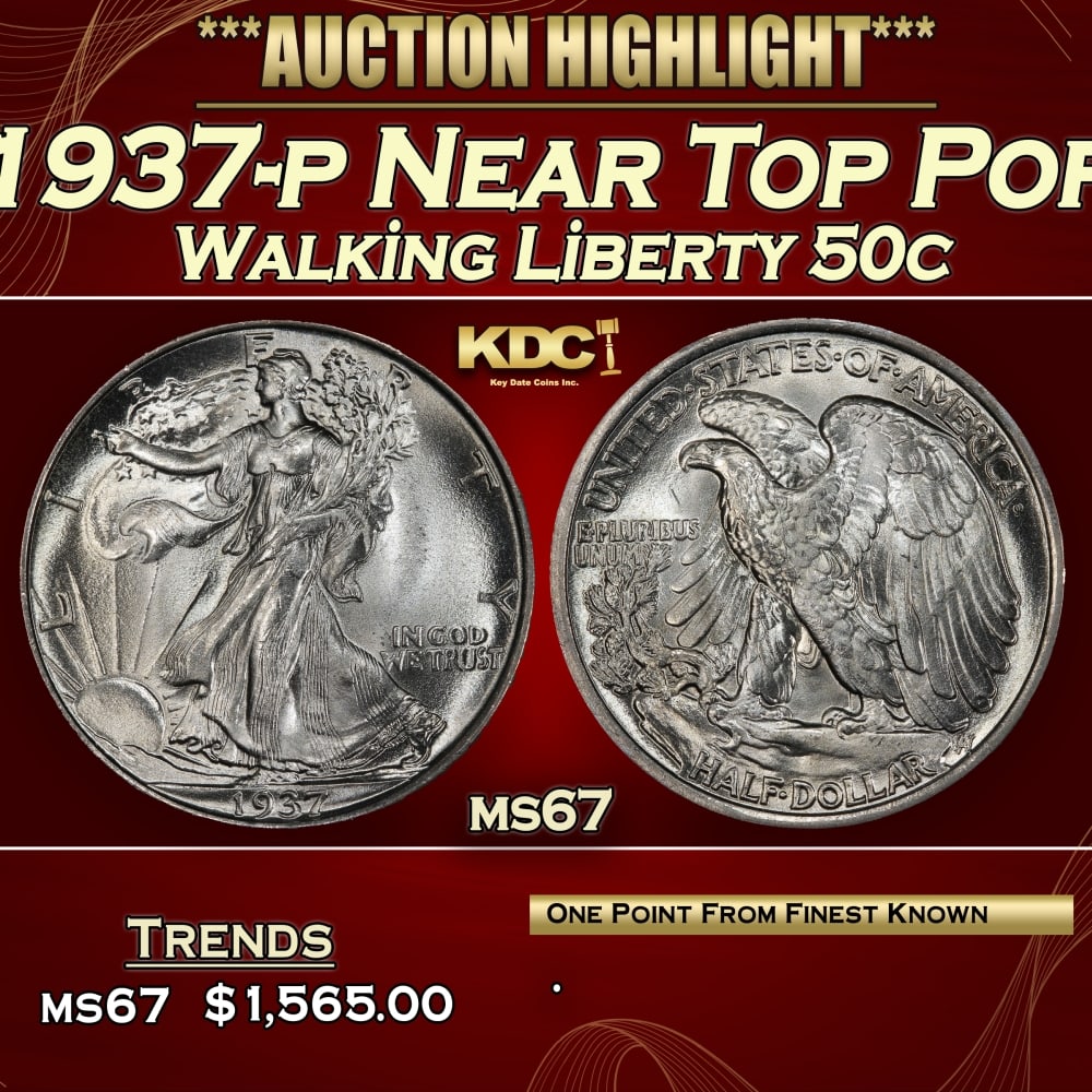 1937-p Walking Liberty Half Dollar Near Top Pop 50c ms67 SEGS: 1937-p Near Top Pop Walking Liberty Half Dollar 50c ms67 SEGS.