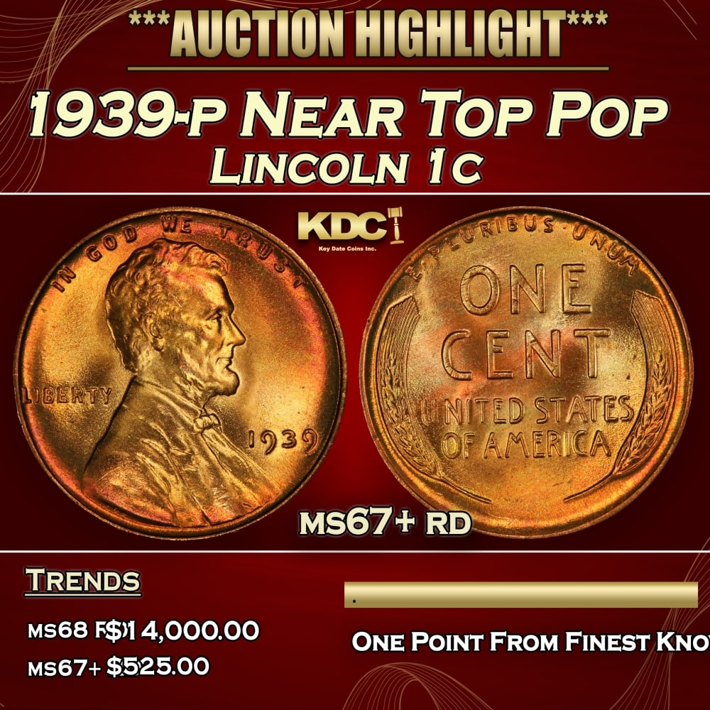 1939-p Lincoln Cent Near Top Pop 1c ms67+ rd SEGS: 1939-p Near Top Pop Lincoln Cent 1c ms67+ rd SEGS. 0