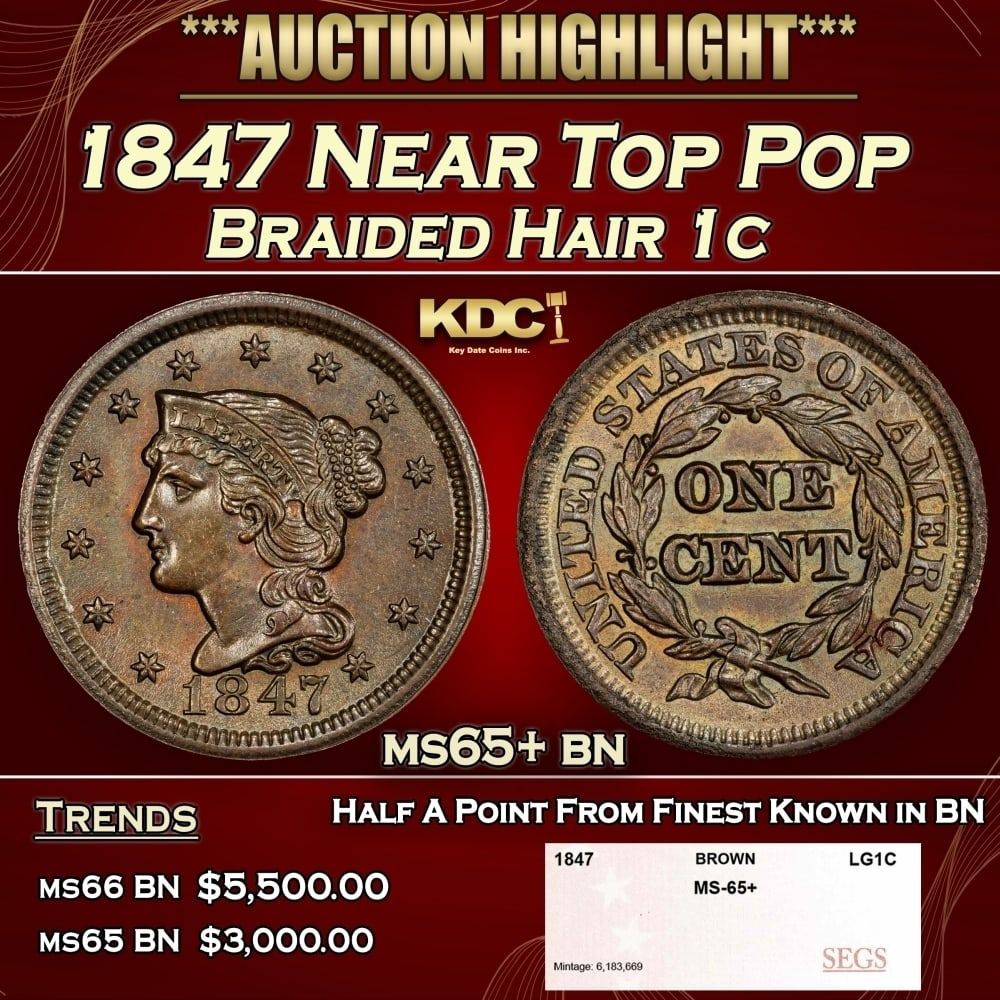 1847 Braided Hair Large Cent Near Top Pop 1c ms65+ bn SEGS: 1847 Near Top Pop Braided Hair Large Cent 1c ms65+ bn SEGS. 0
