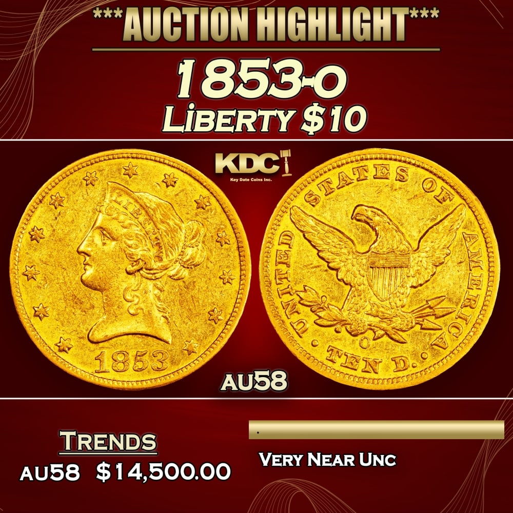 1853-o Gold Liberty Eagle $10 au58 SEGS: 1853-o Gold Liberty Eagle $10 au58 SEGS. 0