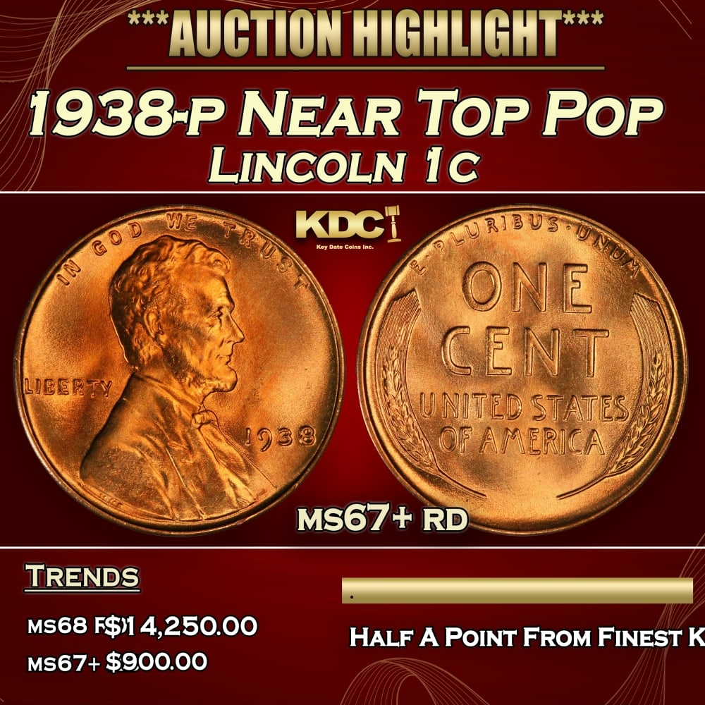 1938-p Lincoln Cent Near Top Pop 1c ms67+ rd SEGS: 1938-p Near Top Pop Lincoln Cent 1c ms67+ rd SEGS. 0