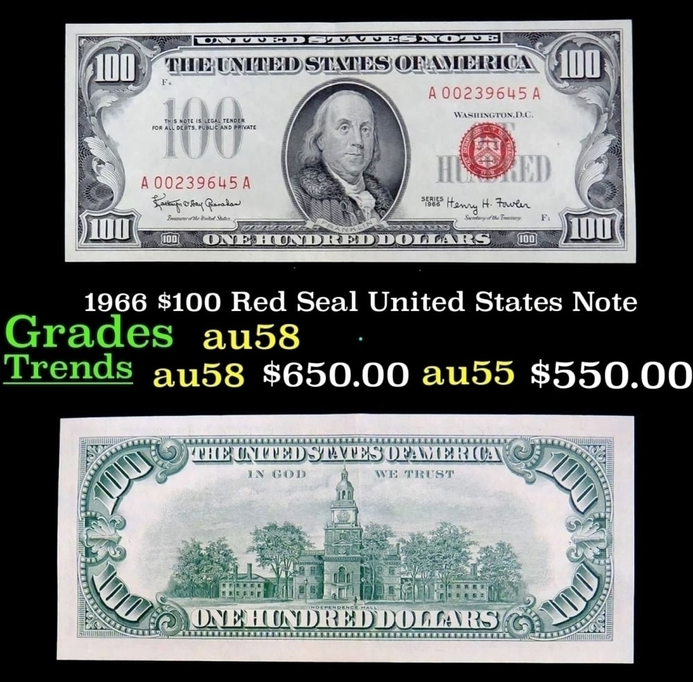 1966 $100 Red Seal United States Note Grades Choice AU/BU Slider: 1966 $100 Red Seal United States Note Grades Choice AU/BU Slider.