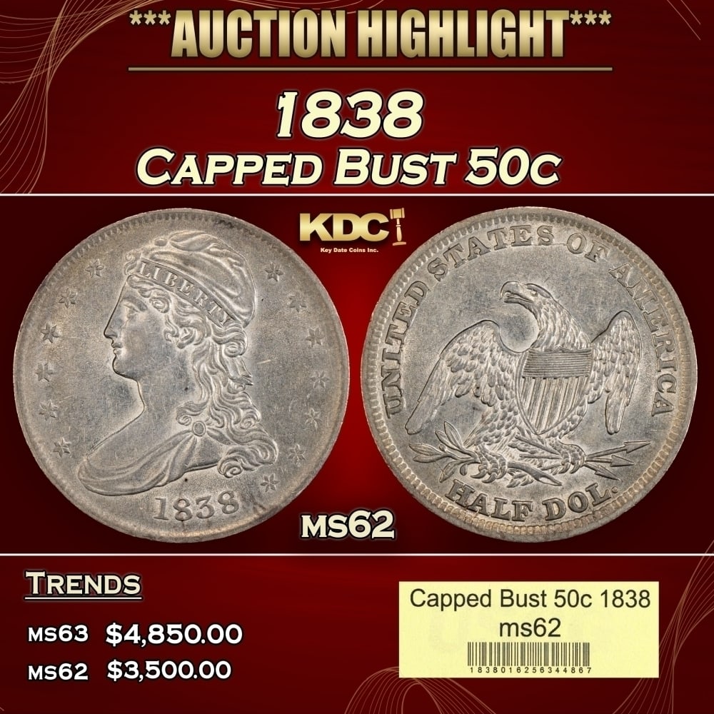 1838 Capped Bust Half Dollar 50c ms62 USCG: 1838 Capped Bust Half Dollar 50c ms62 USCG. 0