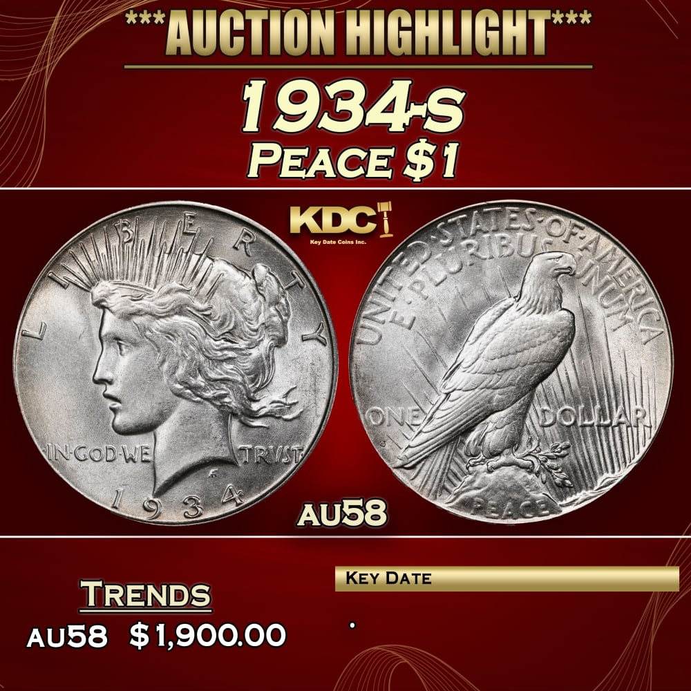 1934-s Peace Dollar $1 au58 SEGS: 1934-s Peace Dollar $1 au58 SEGS. 0