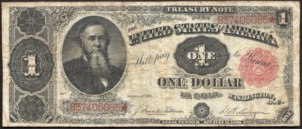 1891 Tillman/Morgan $1 Treasury Note Grades vf++: 1891 Tillman/Morgan $1 Treasury Note Grades vf++.