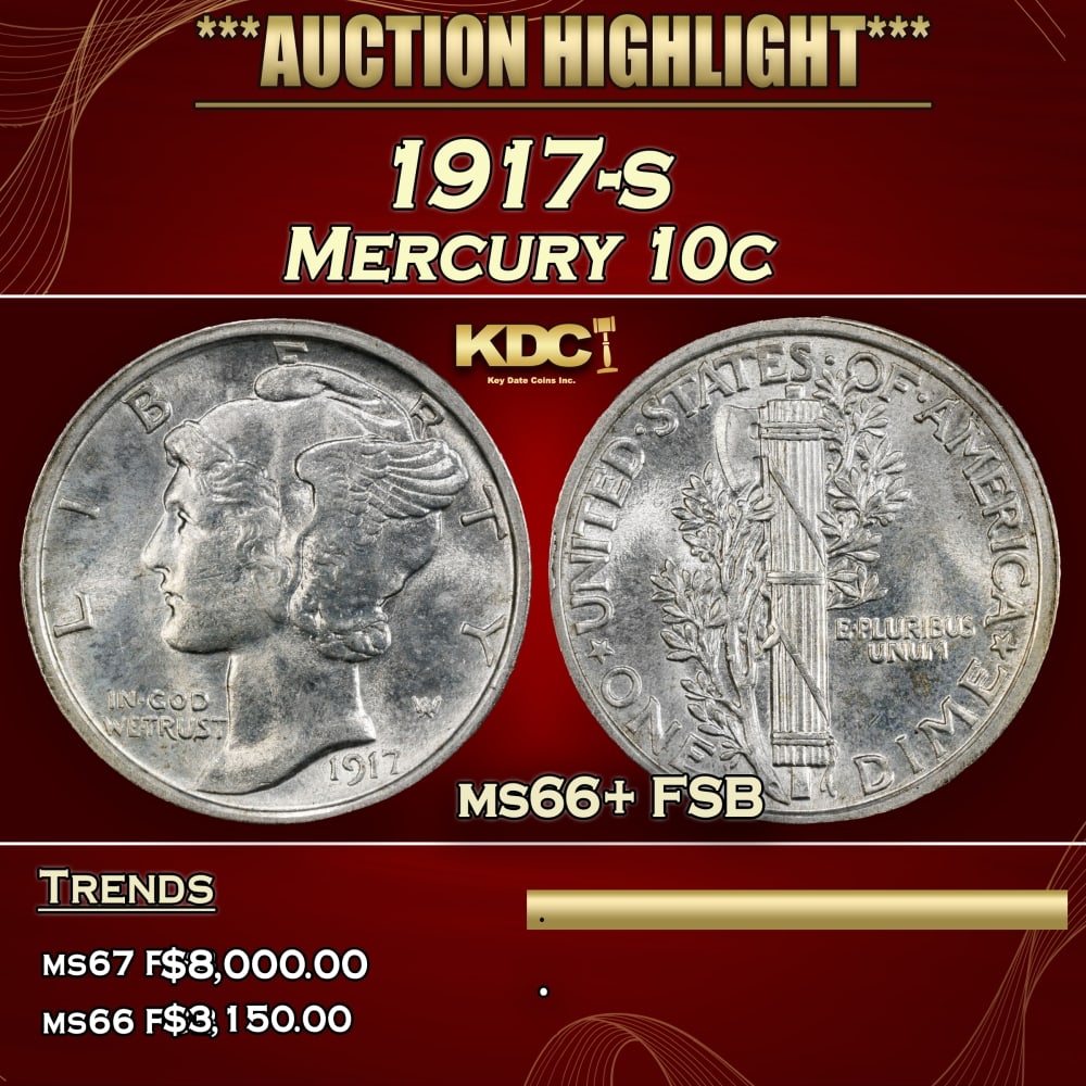 1917-s Mercury Dime 10c ms66+ FSB SEGS: 1917-s Mercury Dime 10c ms66+ FSB SEGS. 0