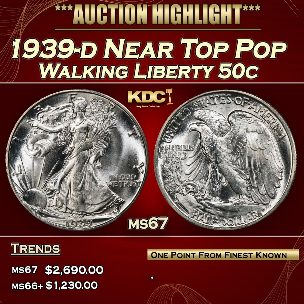 1939-d Walking Liberty Half Dollar Near Top Pop 50c ms67 SEGS: 1939-d Near Top Pop Walking Liberty Half Dollar 50c ms67 SEGS.