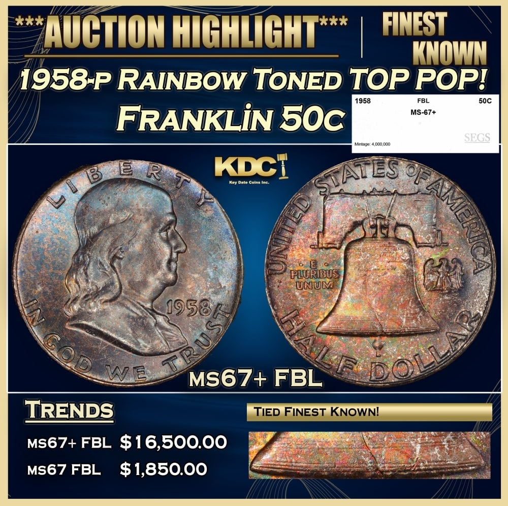 1958-p Franklin Half Dollar Rainbow Toned TOP POP! 50c ms67+ FBL SEGS: 1958-p Rainbow Toned TOP POP! Franklin Half Dollar 50c ms67+ FBL SEGS. 0