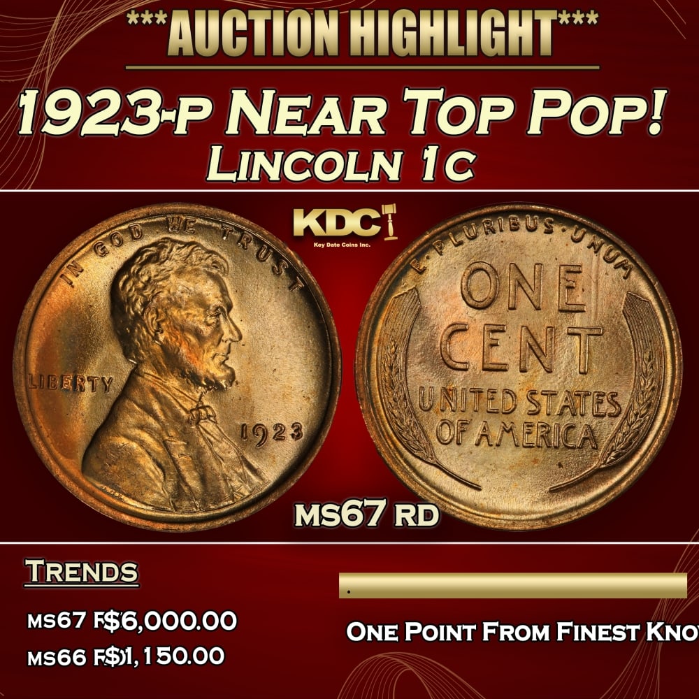 1923-p Lincoln Cent Near Top Pop! 1c ms67 rd SEGS: 1923-p Near Top Pop! Lincoln Cent 1c ms67 rd SEGS. 0