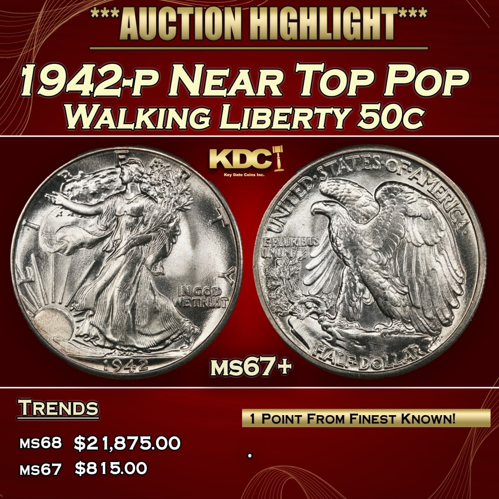 1942-p Walking Liberty Half Dollar Near Top Pop 50c ms67+ SEGS: 1942-p Near Top Pop Walking Liberty Half Dollar 50c ms67+ SEGS.