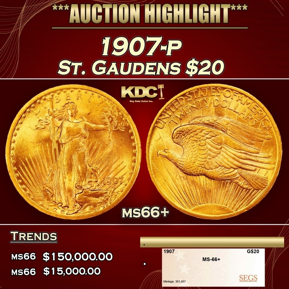 1907-p Gold St. Gaudens Double Eagle $20 ms66+ SEGS: 1907-p Gold St. Gaudens Double Eagle $20 ms66+ SEGS. 0