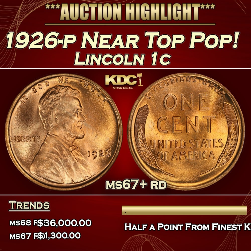 1926-p Lincoln Cent Near Top Pop! 1c ms67+ rd SEGS: 1926-p Near Top Pop! Lincoln Cent 1c ms67+ rd SEGS. 0
