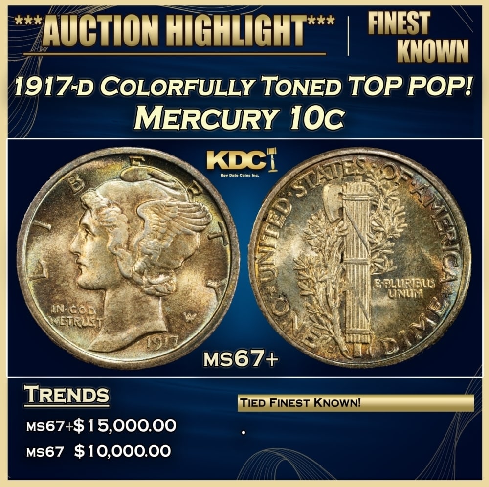 1917-d Mercury Dime Colorfully Toned TOP POP! 10c ms67+ SEGS: 1917-d Colorfully Toned TOP POP! Mercury Dime 10c ms67+ SEGS. 0