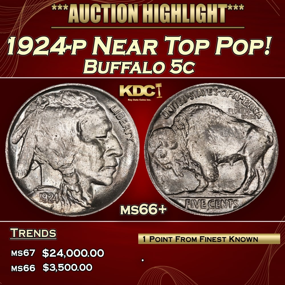 1924-p Buffalo Nickel Near Top Pop! 5c ms66+ SEGS: 1924-p Near Top Pop! Buffalo Nickel 5c ms66+ SEGS. 0