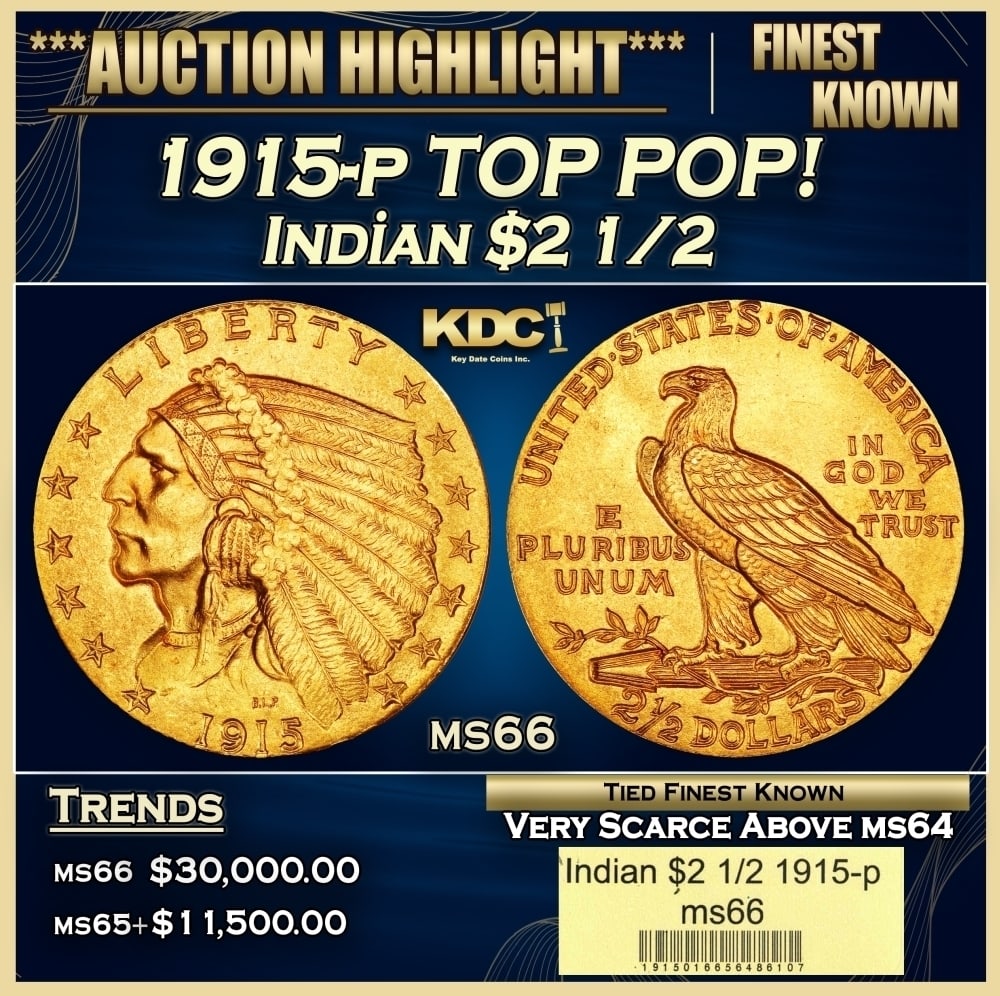 1915-p Gold Indian Quarter Eagle TOP POP! $2 1/2 ms66 USCG: 1915-p TOP POP! Gold Indian Quarter Eagle $2 1/2 ms66 USCG. The 1915 survives in great numbers through MS64, but like most other issues in Bela Lyon Pratt's Indian quarter eagle series, the population