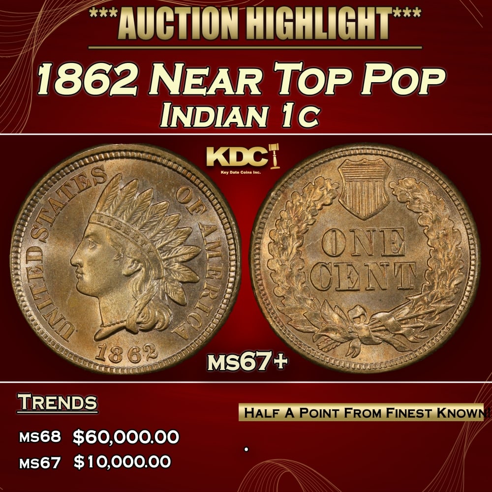 1862 Indian Cent Near Top Pop 1c ms67+ SEGS: 1862 Near Top Pop Indian Cent 1c ms67+ SEGS. 0