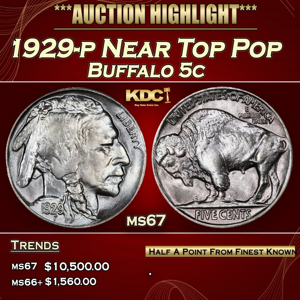 1929-p Buffalo Nickel Near Top Pop 5c ms67 SEGS: 1929-p Near Top Pop Buffalo Nickel 5c ms67 SEGS. 0