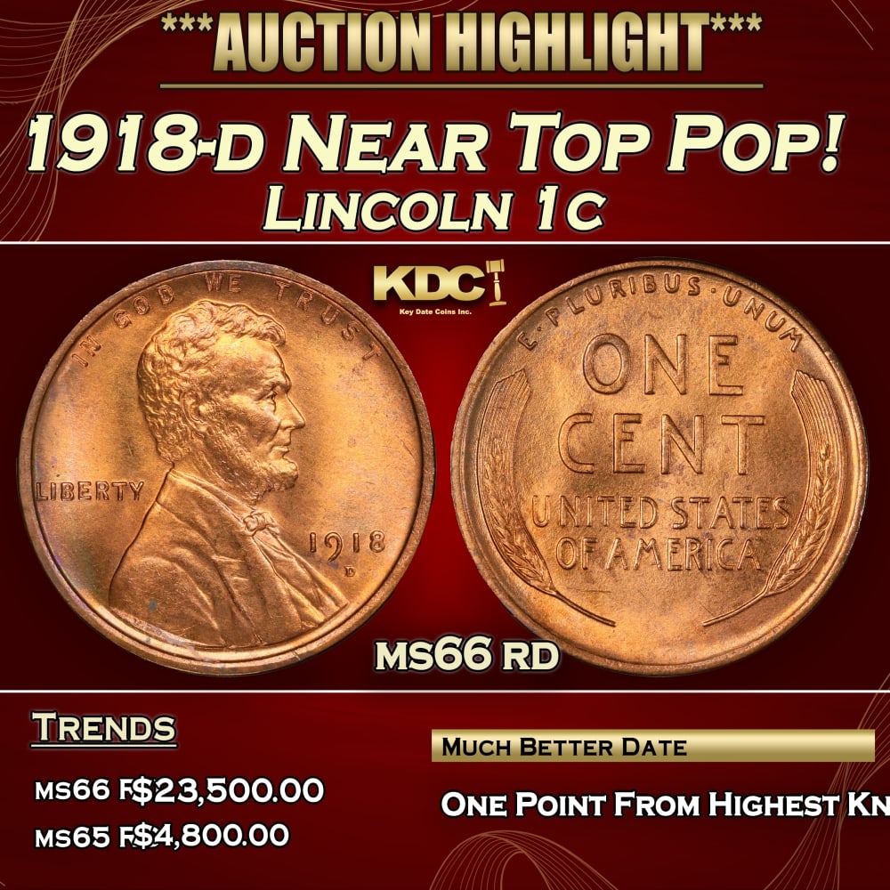 1918-d Lincoln Cent Near Top Pop! 1c ms66 rd SEGS: 1918-d Near Top Pop! Lincoln Cent 1c ms66 rd SEGS. 0