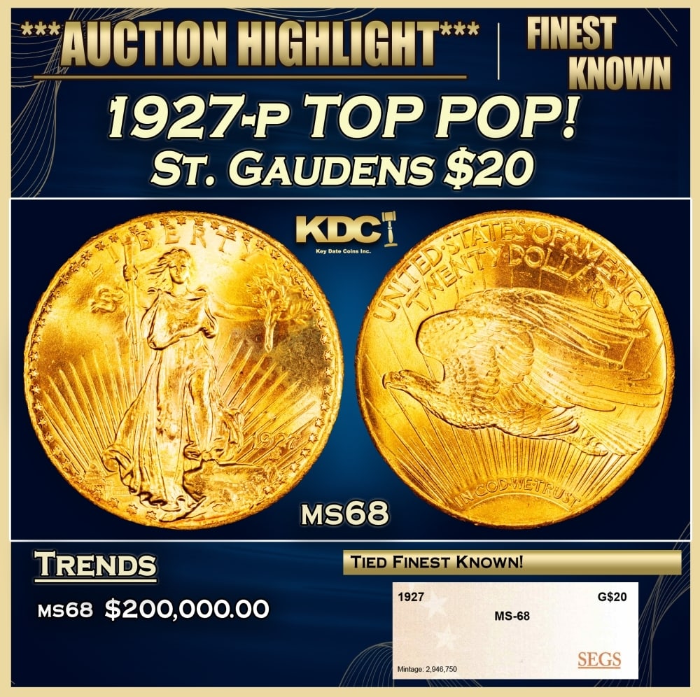 1927-p Gold St. Gaudens Double Eagle TOP POP! $20 ms68 SEGS: 1927-p TOP POP! Gold St. Gaudens Double Eagle $20 ms68 SEGS. 0